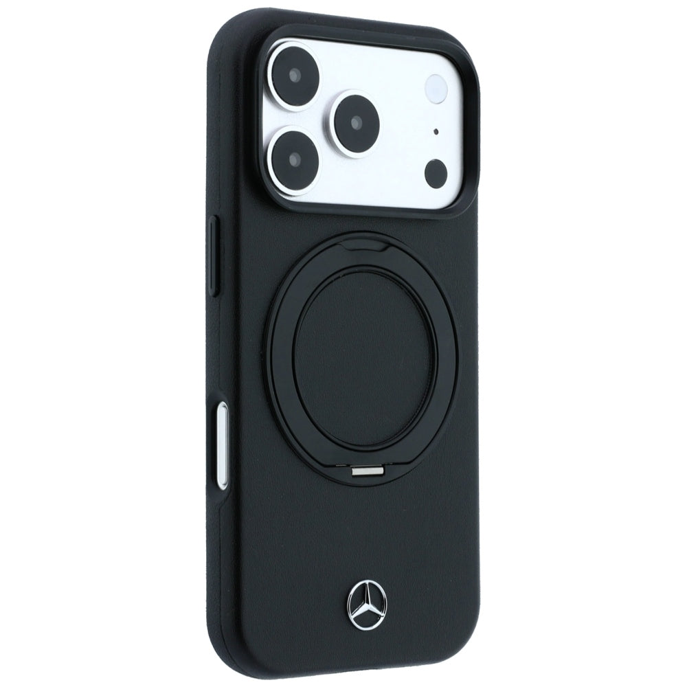 Mercedes Benz iPhone 17 Pro/iPhone 18 Pro Skal Leather Ring Stand Svart