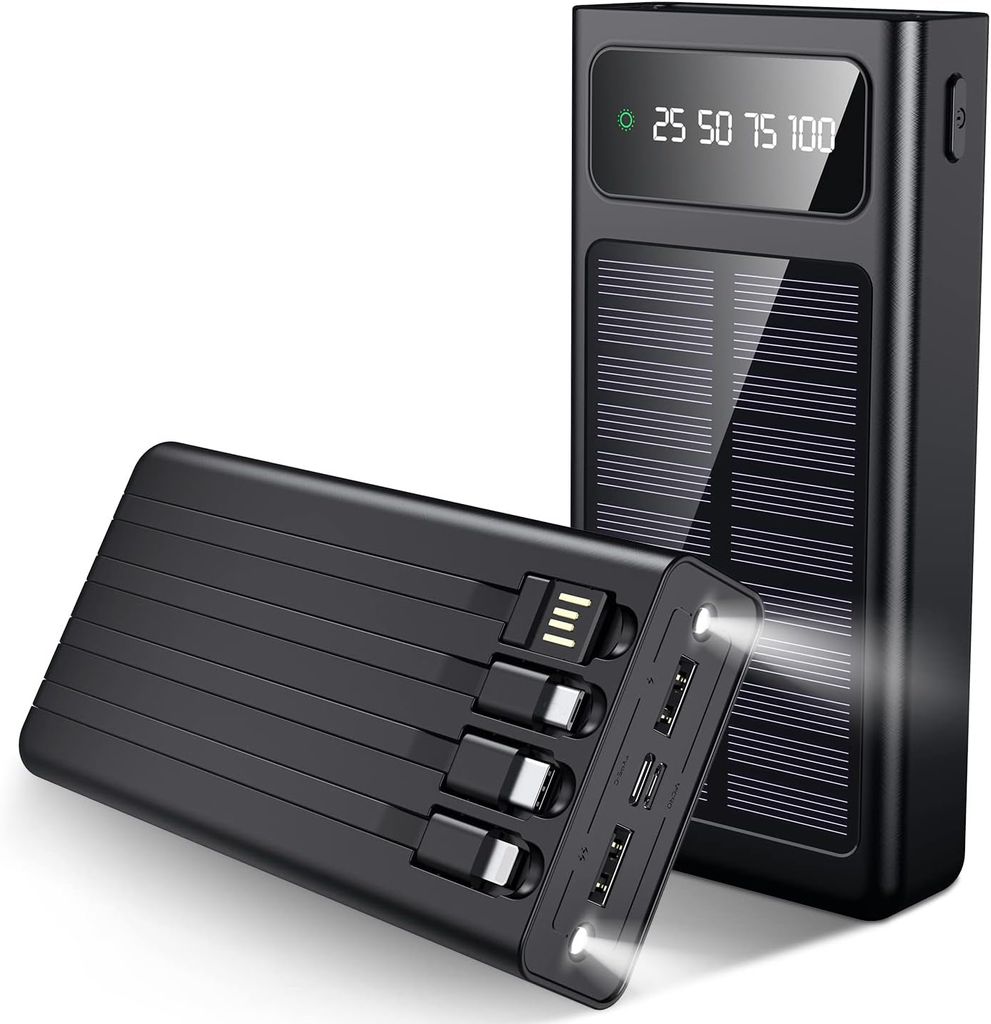 SiGN Powerbank med solceller & inbyggda kablar 20 000 mAh