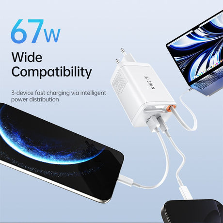 SiGN 65W Snabbladdare GaN med utdragbar USB-C kabel Vit
