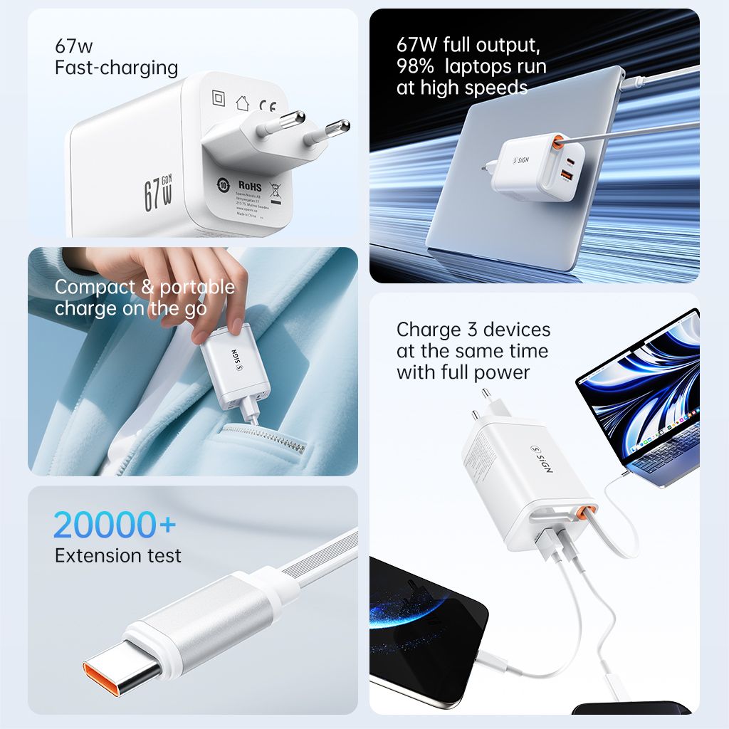 SiGN 65W Snabbladdare GaN med utdragbar USB-C kabel Vit