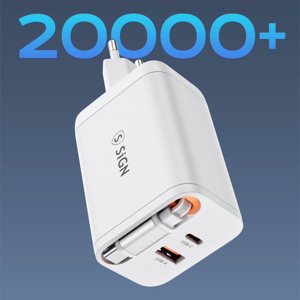 SiGN 65W Snabbladdare GaN med utdragbar USB-C kabel Vit