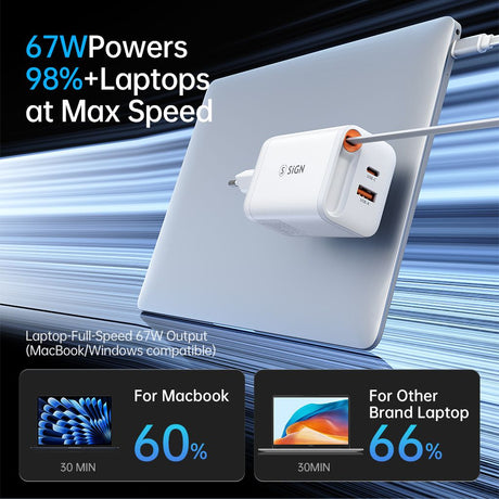 SiGN 65W Snabbladdare GaN med utdragbar USB-C kabel Vit