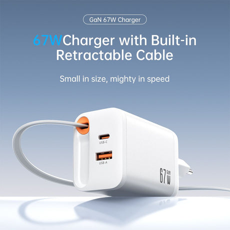 SiGN 65W Snabbladdare GaN med utdragbar USB-C kabel Vit