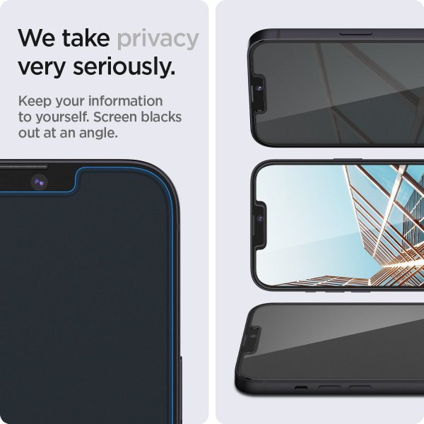 Spigen iPhone 13/13 Pro/14/16e/17e Skärmskydd GLAS.tR EZ Fit Privacy 2-pack