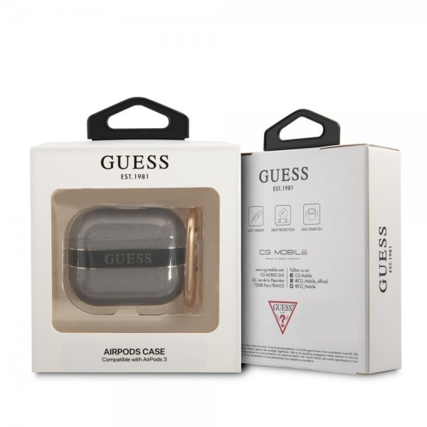 Guess AirPods 3 Skal Printed Stripe & Gold Hook Svart