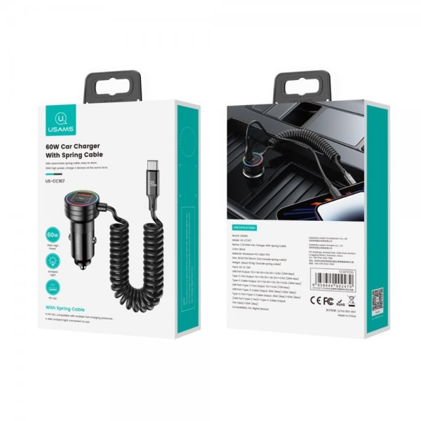 USAMS Billaddare 60W Car Charger with Spring Cable