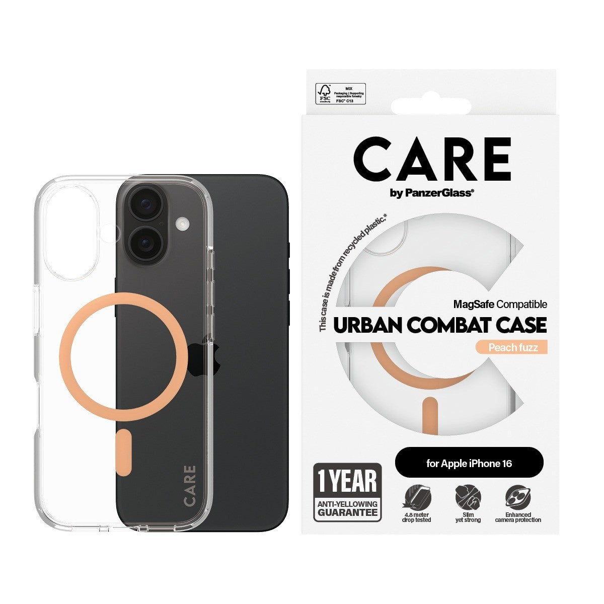CARE by PanzerGlass iPhone 16 Skal Urban Combat MagSafe Peachy