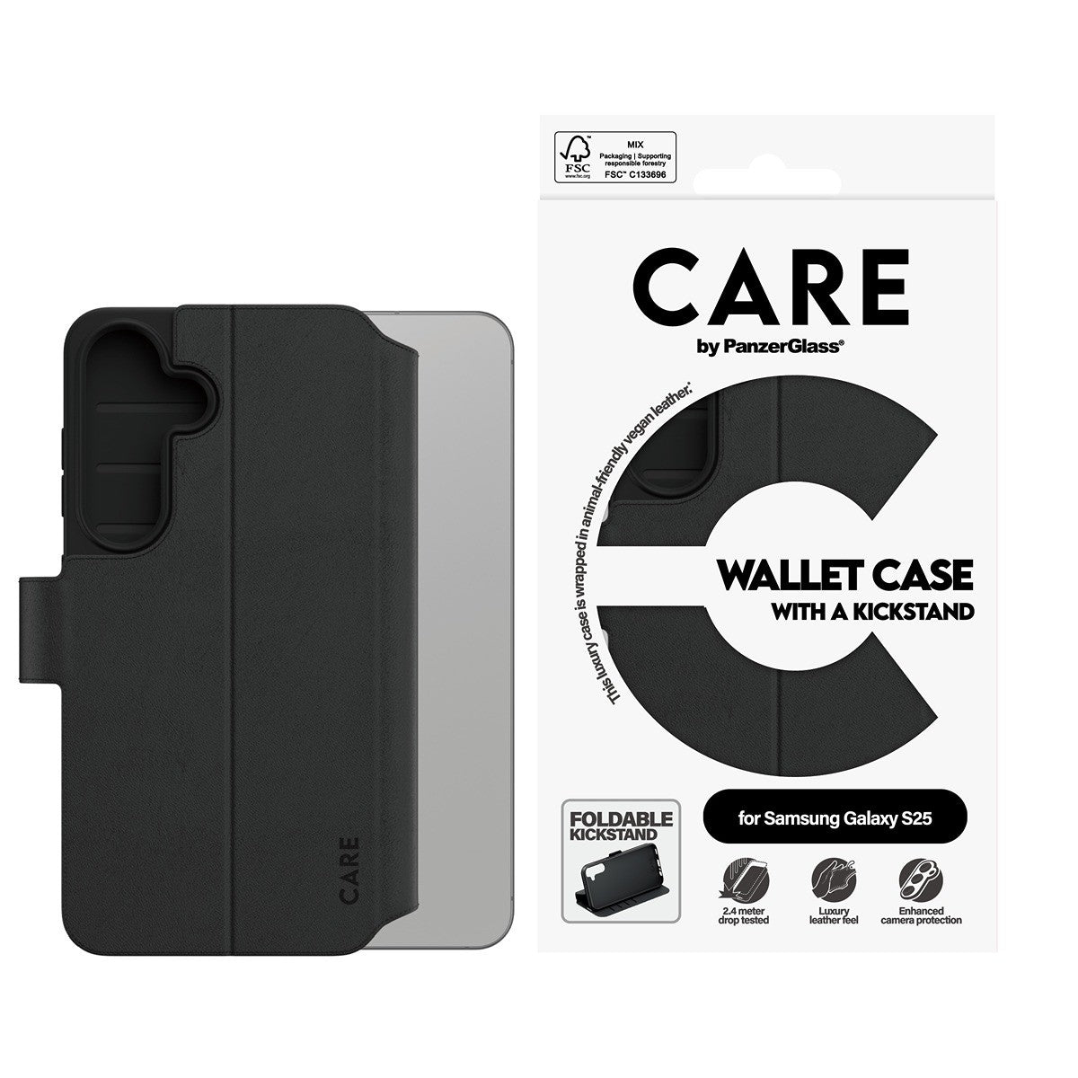 CARE by PanzerGlass Samsung Galaxy S25 Fodral Wallet Kickstand Svart