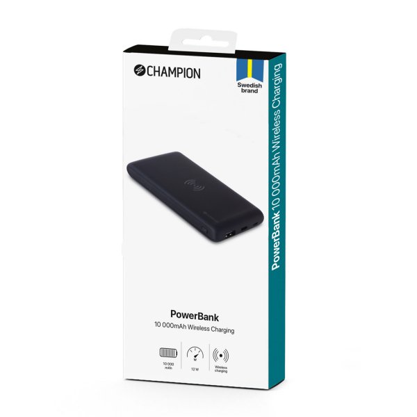 Champion Powerbank med Trådlös Laddning 10 000 mAh 12W Svart