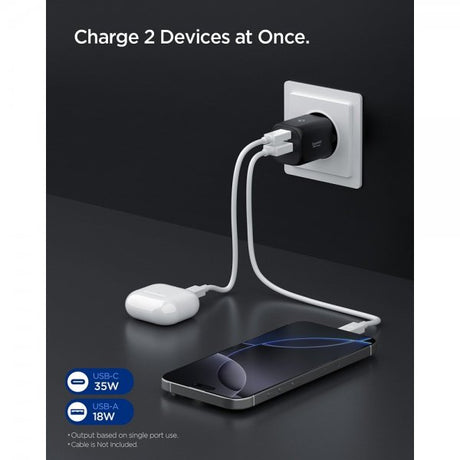 Spigen Essential Laddare 35W 1xUSB-C 1xUSB-A Svart
