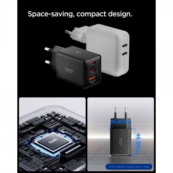 Spigen Essential Laddare 47W 2xUSB-C 1xUSB-A Svart