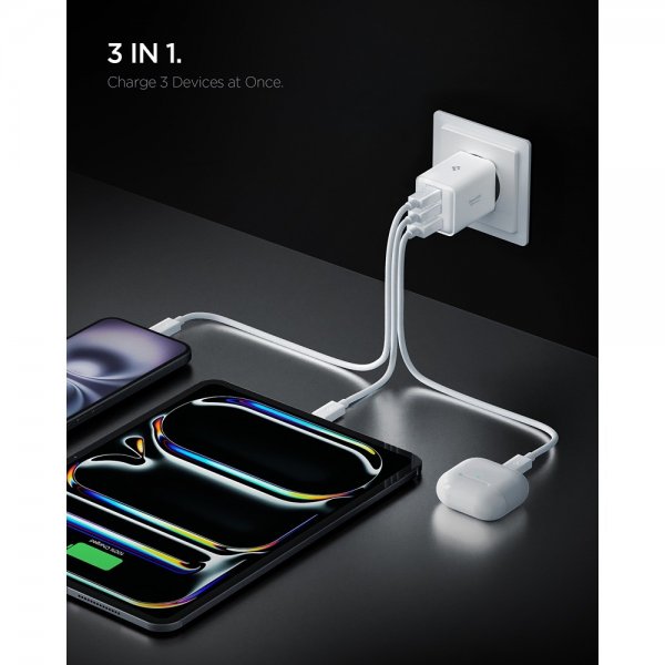 Spigen Essential Laddare 47W 2xUSB-C 1xUSB-A Vit