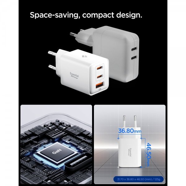 Spigen Essential Laddare 47W 2xUSB-C 1xUSB-A Vit