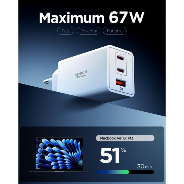 Spigen Essential Laddare 67W 2xUSB-C 1xUSB-A Vit