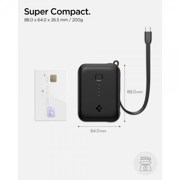 Spigen Essential Powerbank med inbyggd Kabel 10 000 mAh 30W Svart