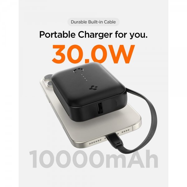 Spigen Essential Powerbank med inbyggd Kabel 10 000 mAh 30W Svart