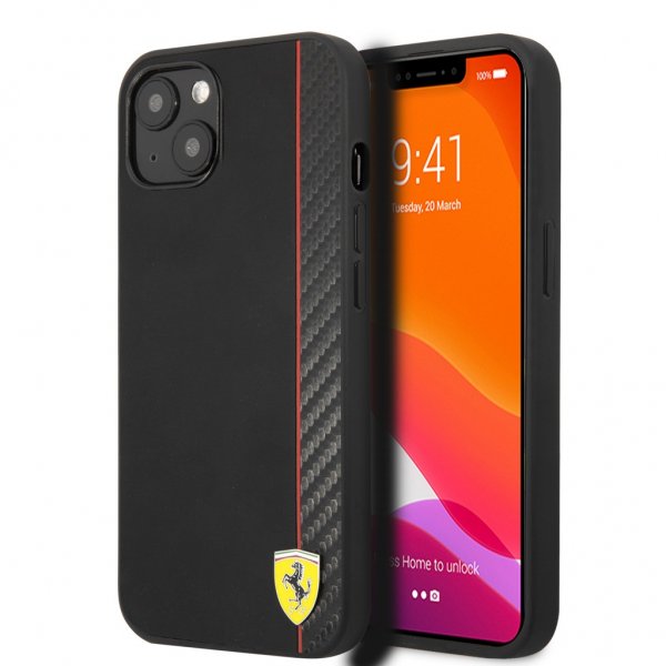 Ferrari iPhone 13 Skal Carbon Effect Metal Logo Vertical Stripe Svart