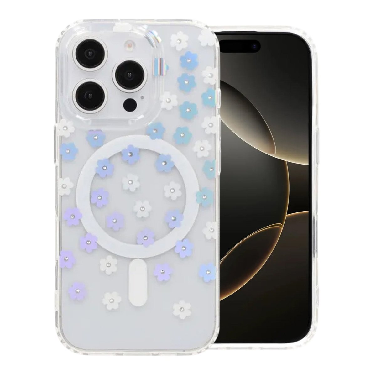 iPhone 16 Pro Max Skal Blommigt Strass MagSafe Blå