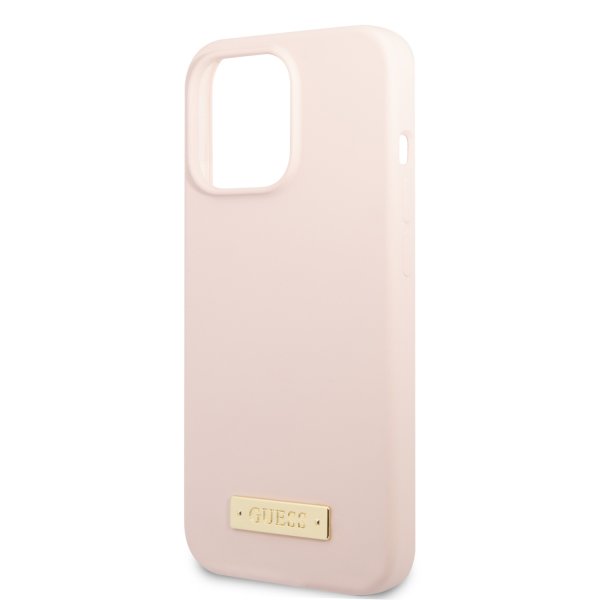 Guess iPhone 13 Pro Skal Silicone Metal Plate MagSafe Rosa