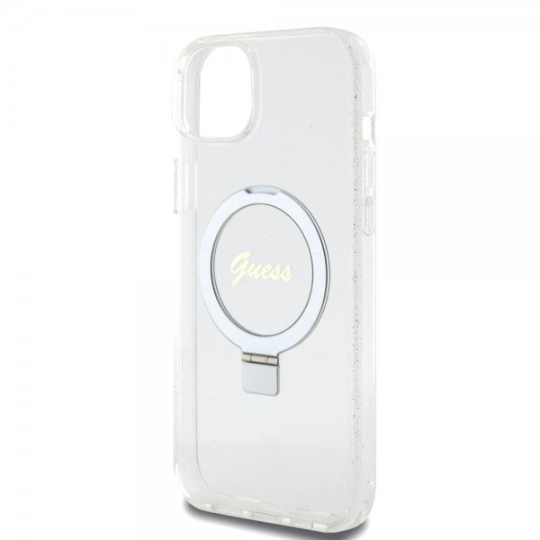 Guess iPhone 15 Plus Skal Ring Stand Glitter MagSafe Transparent