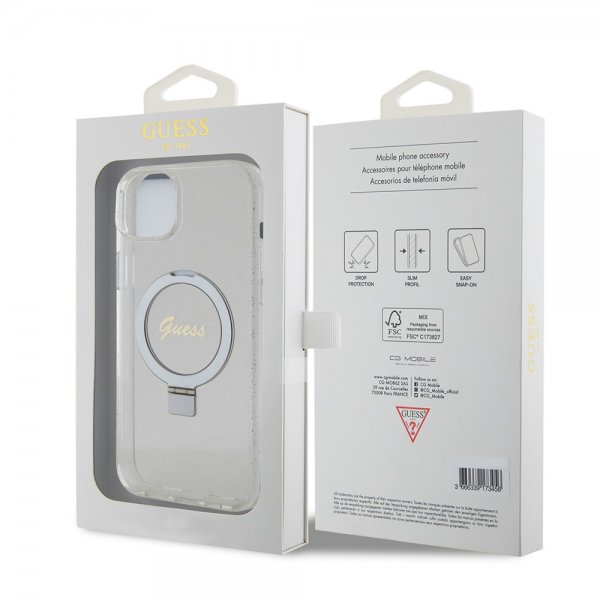 Guess iPhone 15 Plus Skal Ring Stand Glitter MagSafe Transparent