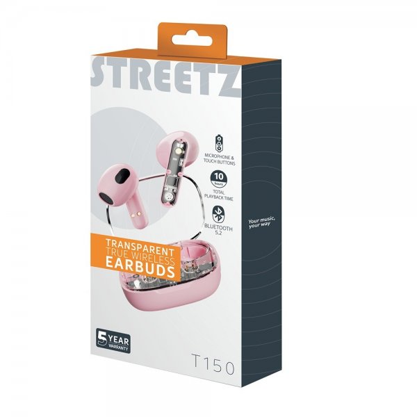Streetz Hörlurar T150 Transparent True Wireless Earbuds Rosa
