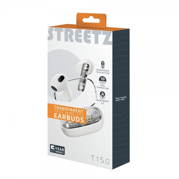 Streetz Hörlurar T150 Transparent True Wireless Earbuds Vit
