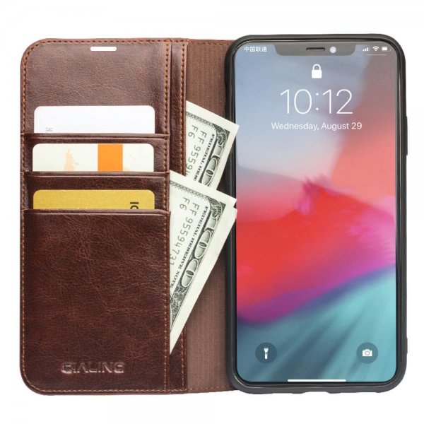 Qialino iPhone 11 Pro Max Fodral Äkta Läder Kortfack Brun