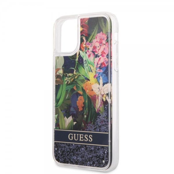 Guess iPhone 11 Skal Liquid Glitter Flower Pattern Blå
