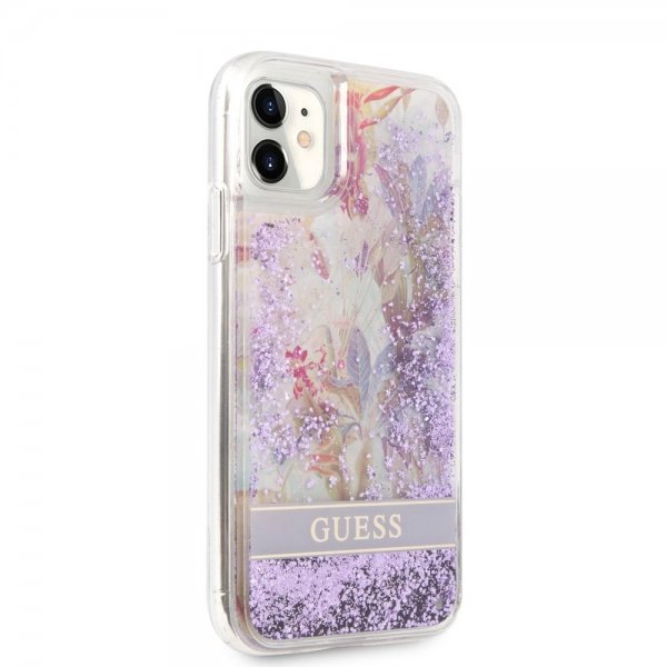 Guess iPhone 11 Skal Liquid Glitter Flower Pattern Lila