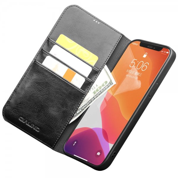 Qialino iPhone 12/iPhone 12 Pro Fodral Äkta Läder Svart