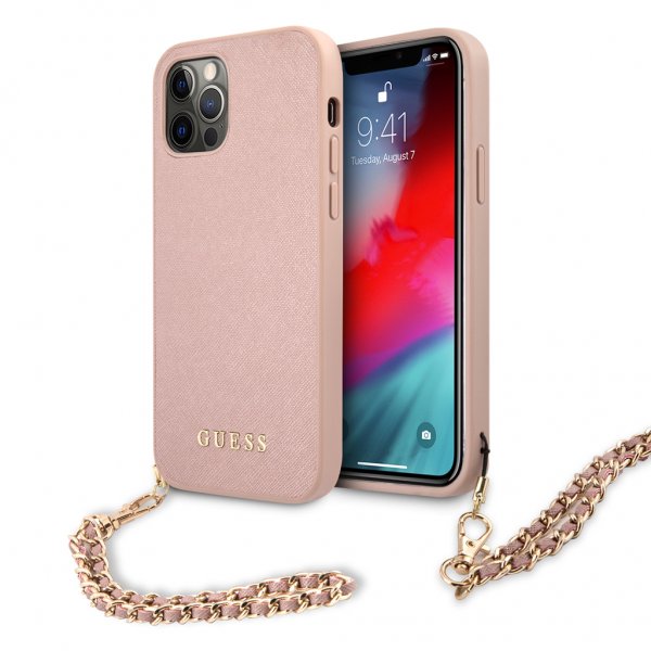 Guess iPhone 12/iPhone 12 Pro Skal Saffiano Chain Rosa