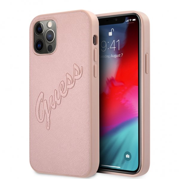 Guess iPhone 12 Pro Max Skal Saffiano Vintage Script Roseguld