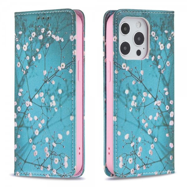 iPhone 13 Pro Fodral Flip Motiv Plommonblomster