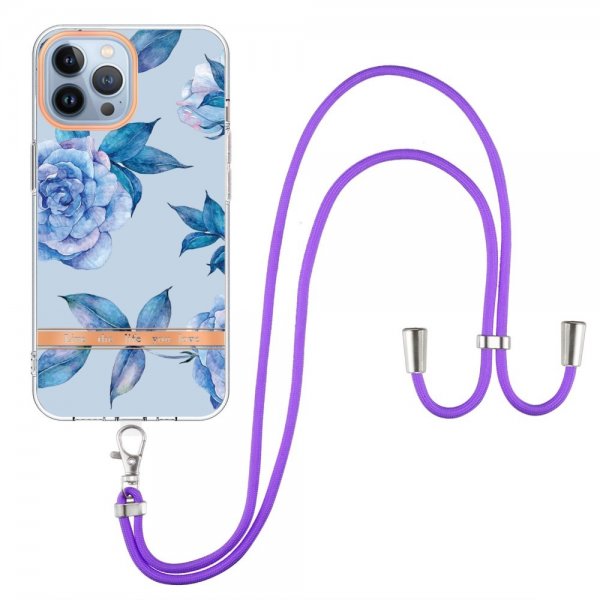 iPhone 13 Pro Max Skal Blommönster Strap Blåa Pioner
