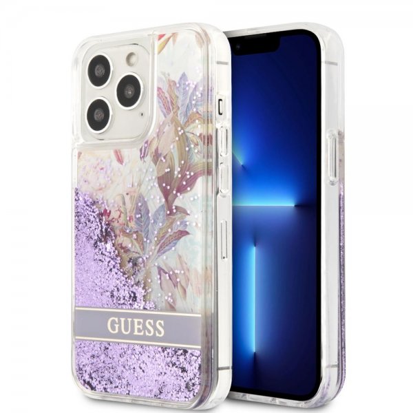 Guess iPhone 13 Pro Max Skal Liquid Glitter Flower Pattern Lila