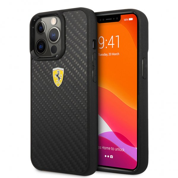 Ferrari iPhone 13 Pro Max Skal Real Carbon Metal Logo Svart