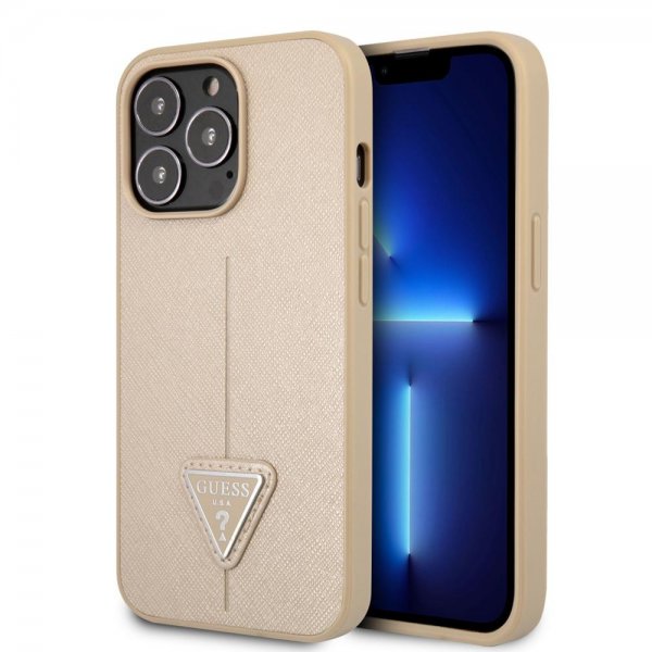 Guess iPhone 13 Pro Max Skal Saffiano Metal Triangle Beige