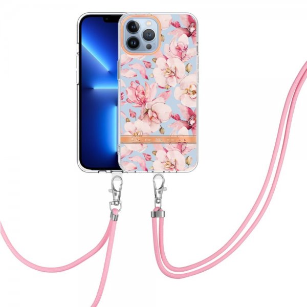 iPhone 13 Pro Skal Blommönster Strap Rosa Gardenia