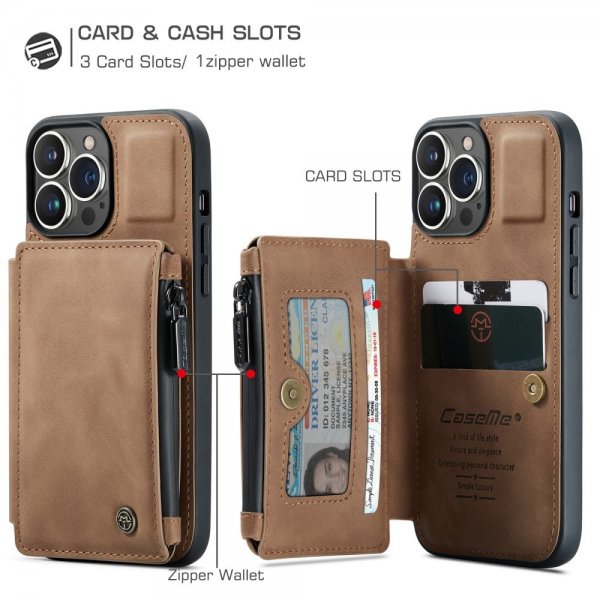 CaseMe iPhone 13 Pro Skal C20 Kortfack Dragkedja Brun
