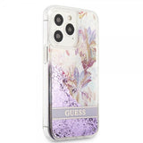 Guess iPhone 13 Pro Skal Liquid Glitter Flower Pattern Lila
