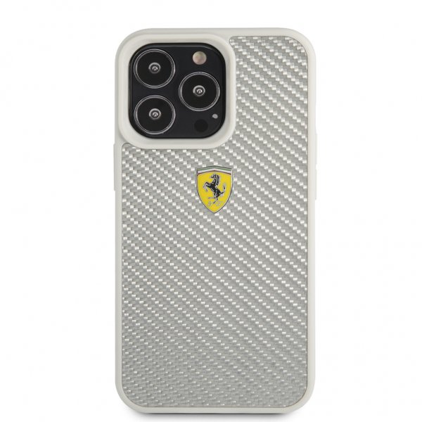 Ferrari iPhone 13 Pro Skal Real Carbon Metal Logo Silver