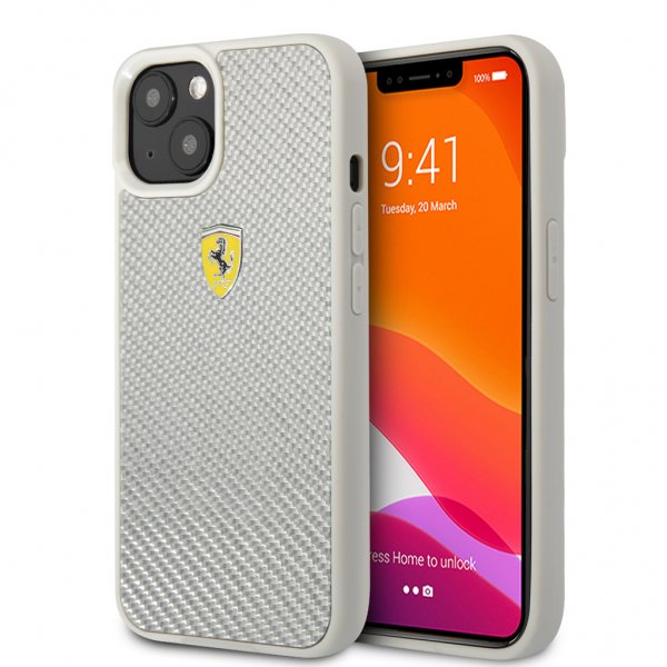 Ferrari iPhone 13 Skal Real Carbon Metal Logo Silver