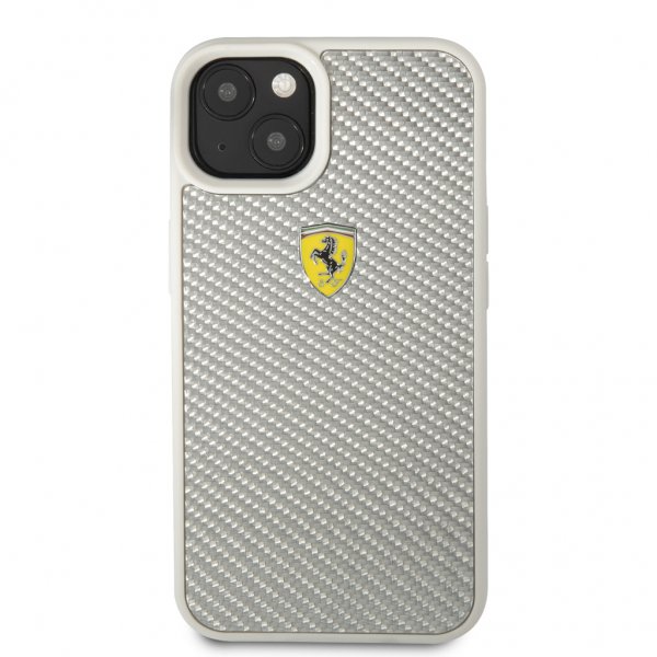Ferrari iPhone 13 Skal Real Carbon Metal Logo Silver