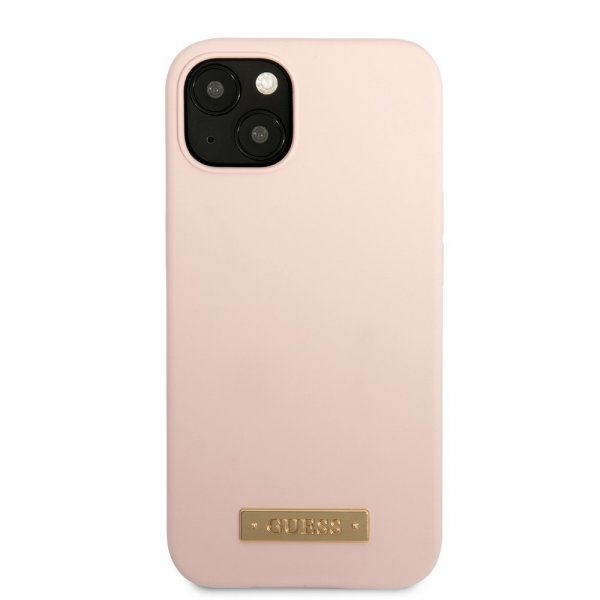 Guess iPhone 13 Skal Silicone Metal Plate MagSafe Rosa