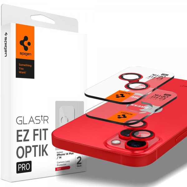 Spigen iPhone 14/iPhone 14 Plus Kameraskydd GLAS.tR EZ Fit Optik Pro Röd 2-pack