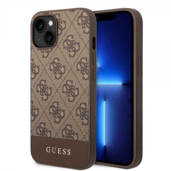 Guess iPhone 14 Plus Skal Bottom Stripe Metal Logo Brun