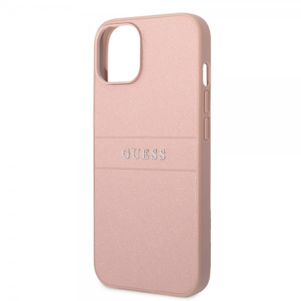 Guess iPhone 14 Plus Skal Saffiano Metal Logo Stripes Rosa