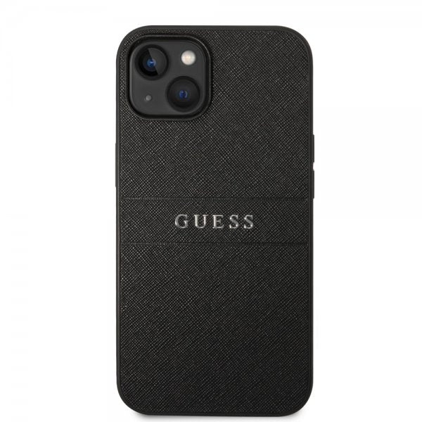 Guess iPhone 14 Plus Skal Saffiano Metal Logo Stripes Svart