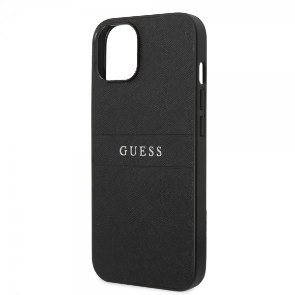 Guess iPhone 14 Plus Skal Saffiano Metal Logo Stripes Svart